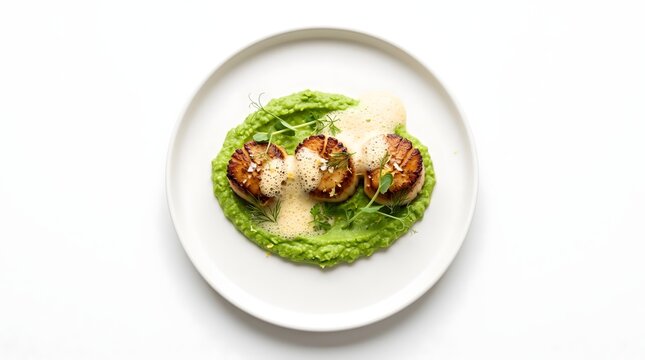 Pan seared sea scallops served on a bed of green pea puree with garnish on a white plate scallops dish seafood dish fine dining