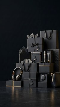 Luxury black gift boxes and shopping bags stacked on a dark surface during holiday season sale with black friday holiday gifts gift box