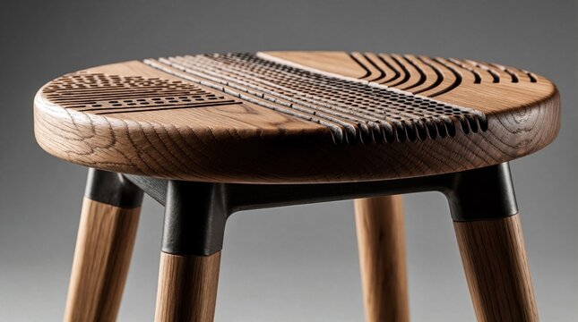 Unique wooden stool with carved textured top. Modern furniture piece combines natural wood grain with geometric patterns. Minimalist design suits various interior decor styles and settings.
