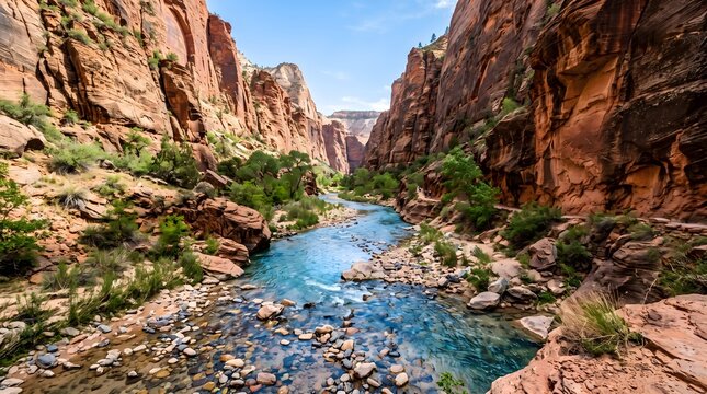 Scenic view of a clear blue river flowing through a steep red rock canyon with green trees red rocks blue water rocky mountains outdoors