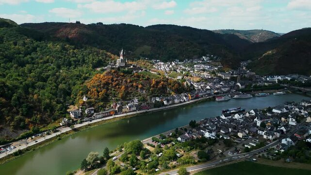 Flight past Cochem Castle and the Moselle River