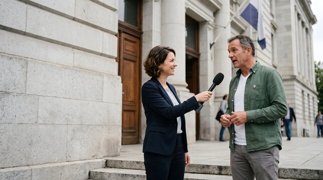 Woman reporter interviewing a man outdoors on stone steps near an old building entrance with news crew, reporter holding microphone