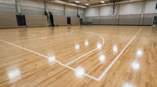Empty Indoor Hardwood Basketball Court Floor Hardwood sports hall wooden parquet floor with traditional court line markings offering wide copy space for athletic tournament and fitness promotional