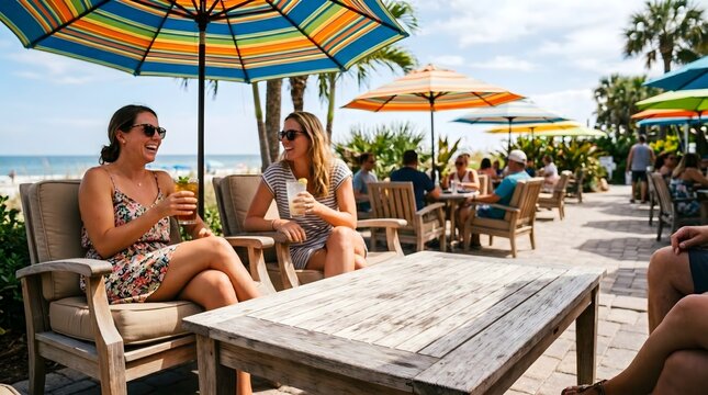 Two women sitting under colorful beach umbrellas at a coastal resort terrace talking together with sunny day female friends umbrella