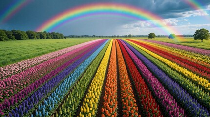 Naklejka premium Vibrant rainbow arches over field of colorful flowers planted in neat rows. Green grass and trees border the blooming garden under a dramatic sky.
