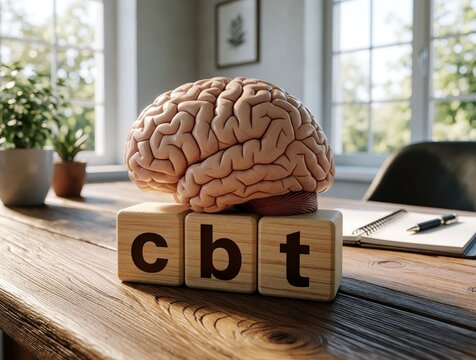 Realistic human brain model sits on wooden blocks with CBT letters. Psychological therapy concept on office desk with notebook, pen. Professional mental health treatment tool for psychotherapy,