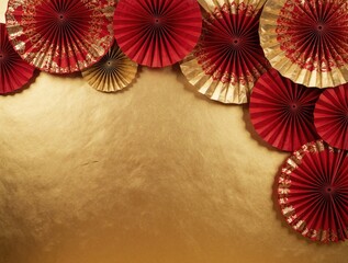 Naklejka premium Red and gold paper fans arranged on a gold textured background. Festive Asian decorations add elegance and celebrate tradition. Great for holidays and cultural events.