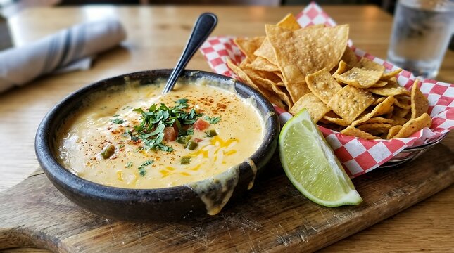 Hot Melted Cheese Dip Bowl Served With Crispy Tortilla Chips And Fresh Citrus Slice Creamy Snack Appetizer Accompanied By Salted Crunchy Corn Chips queso cheese dip tortilla chips appetizers snack