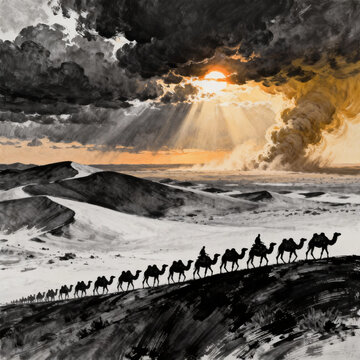 Black‑and‑White Desert Camel Caravan Under Dramatic Sky