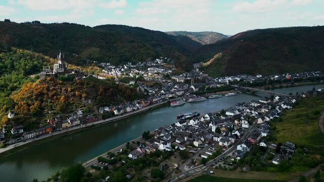 Flying toward Cochem panning toward the castle above Moselle