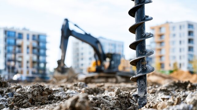 Large industrial auger drill bit digging into construction site soil with blurred excavator and apartment buildings in background during urban development