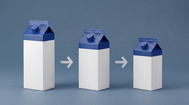 Shrinkflation concept with decreasing milk carton sizes