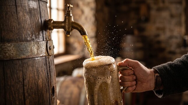 Pouring frothy amber beer from a wooden barrel tap into a traditional stein mug at Oktoberfest celebration