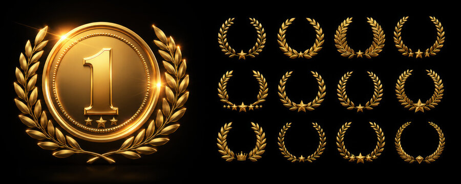 Gold award medals with laurel wreath. Golden medals with number one and leaf wreath on black background. 3d metal winner emblems. Realistic vector illustrations set.