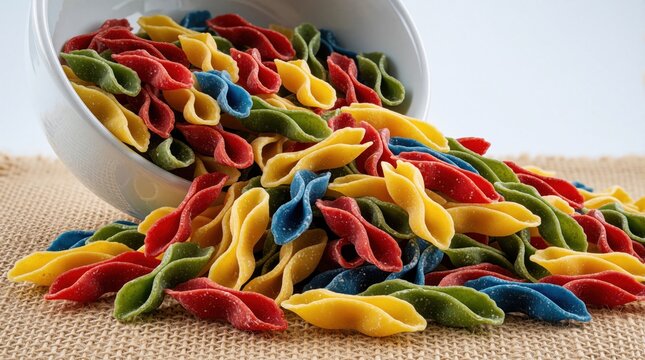 Colorful dry Ortolana Creste di Gallo pasta spills from white bowl onto burlap fabric. Multicolored fusilli shapes in red, yellow, green, blue pile up. Raw italian macaroni wheat dough ingredients