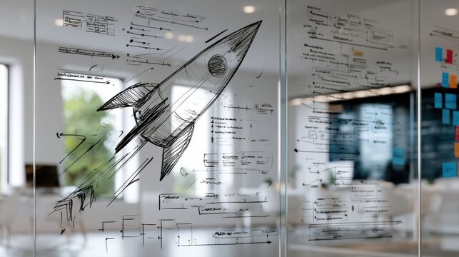 Innovative rocket ship concept and strategic planning sketches drawn on glass wall in a modern office brainstorming session with post-it notes and digital scree