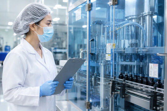 Close up of Asian female scientist checking black plastic bottle packaging machine inside laboratory. concept of pharmaceutical medicine production line quality control.