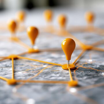 Network of yellow pins connected by strings on a textured surface representing concept of communication and interconnectedness in modern systems