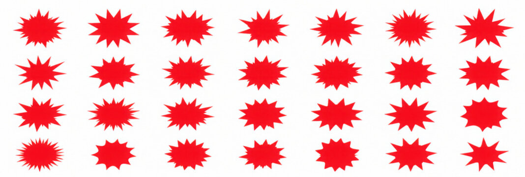 Red starburst sale sticker set. Flash explosion star burst badges collection, blank promotional price tag and special offer discount comic explosion labels bundle