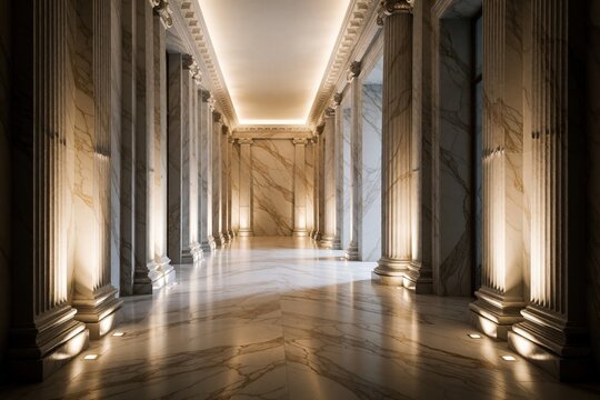 Interior perspective of grand marble hall with ornate columns. Dramatic uplighting casts long shadows on reflective floor, creating elegant atmosphere for luxury spaces.