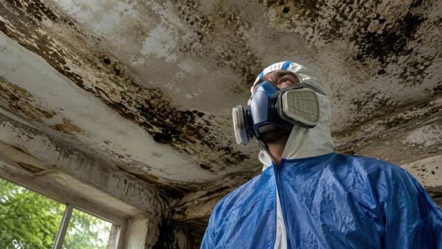 Specialist in protective suit and respirator mask inspects damaged building for hazards, focusing on environmental safety and renovation works