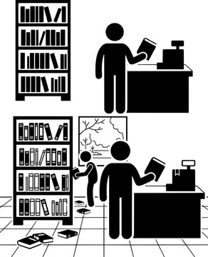Bookstore Cashier Shelf and Library Student Reading Icon Set