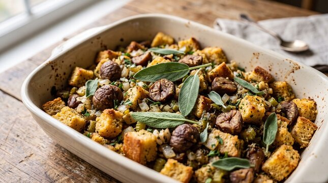 Delicious homemade Thanksgiving stuffing with chestnuts and sage in a baking dish on a wooden table