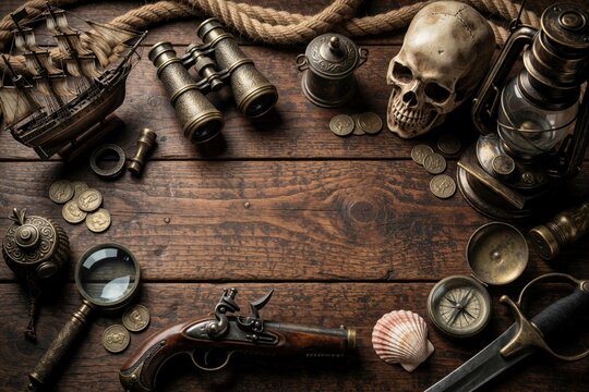 Pirate artifacts like ship, skull, flintlock pistol and compass lie on old wood table. Vintage map tools, coins, and lantern suggest adventure and treasure hunting.