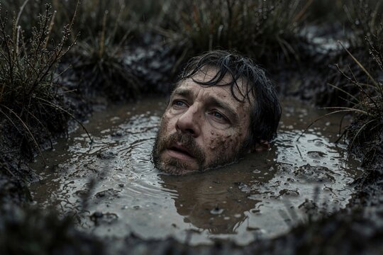 Man stuck in murky swamp mud. His face shows despair and struggle. Outdoor scene, cold weather, dark day. Difficult situation, feeling trapped, isolation.