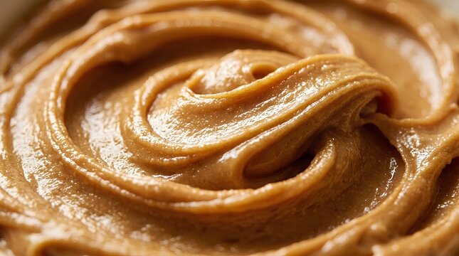 Macro close-up of creamy peanut butter swirled into thick glossy ribbons with golden-brown highlights catching warm light on a smooth tan surface, indulgent texture detail