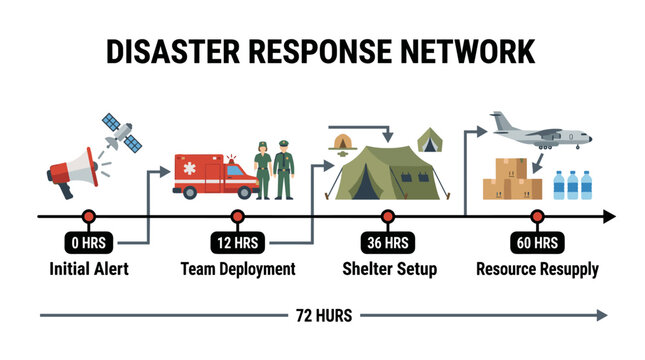 Comprehensive disaster response network infographic displaying a 72-hour timeline from initial alert to emergency resource resupply