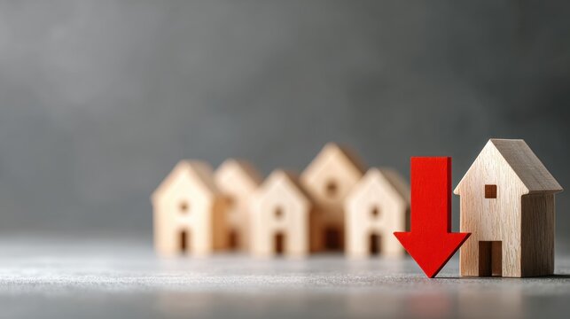 Wooden miniature houses with a prominent red downward arrow illustrating housing market decline or falling property values with neutral background and space for text