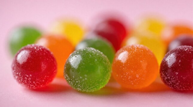 Group of colorful round candies with sugar coating. Delicious gumdrops in different fruit flavors. Sweet treats in pastel shades are perfect for party or dessert.