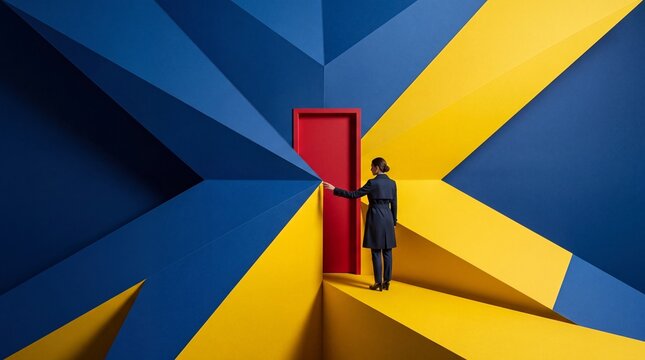 Businesswoman Standing Before Red Door in Abstract Geometric Environment