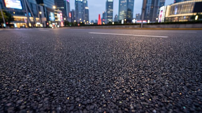 Low Angle View of Asphalt Road with City Skyline