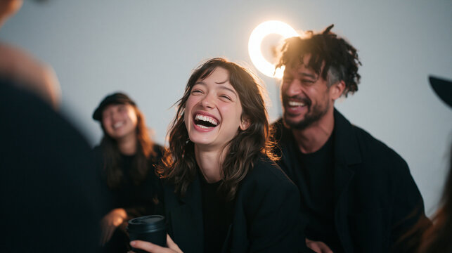 Young Woman Laughing with Creative Team in Studio