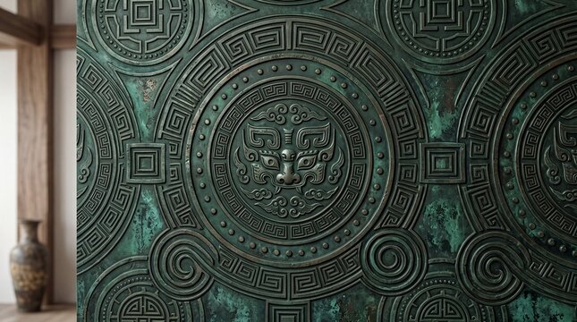 Antique Chinese Bronze Relief Texture with Traditional Patterns