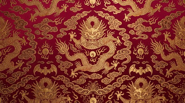 Traditional Chinese Golden Dragon Pattern on Red Silk