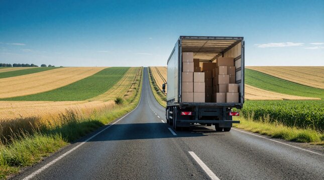 Freight truck carries cargo boxes on empty road through rural farmland landscape under clear blue sky. Trucking vehicle moves packages on highway for distribution.