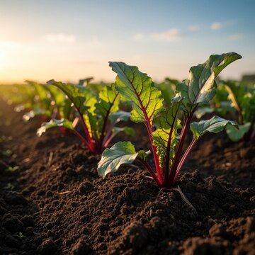 Young beet plants emerge from rich soil under warm sunrise light. Rows of healthy vegetables grow in a fertile field, promising a bountiful organic harvest. Agriculture scene.