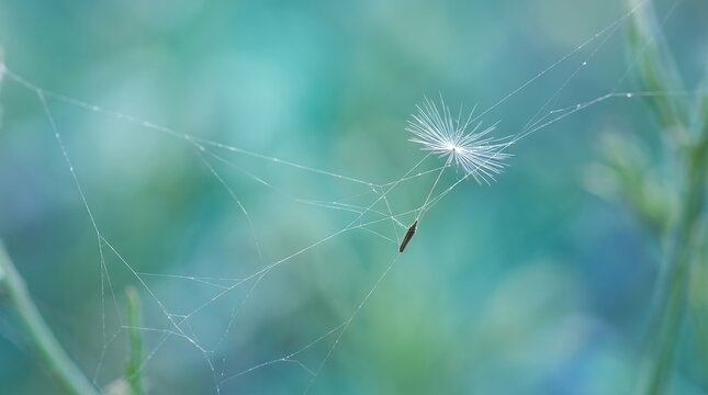 Floating Seed Caught Fine Silk Threads Macro Close Up Image Featuring Soft Blurry Teal Backdrop seed spiderweb macro silk thread dandelion pappus web flora nature botanic delicate ethereal teal