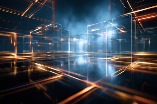 Futuristic glowing transparent cube structures with vibrant orange and blue lights creating a high-tech digital grid environment in deep space