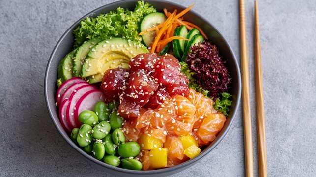 Colorful poke bowl with fresh tuna, salmon, avocado, edamame and vegetables served with chopsticks