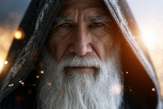 Portrait of an elderly man with a long white beard wearing a dark hooded cloak with glowing light particles around his face creating a mystical atmosphere