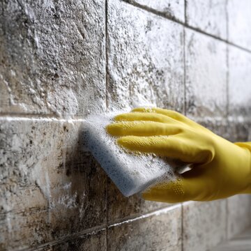 Person wearing yellow gloves scrubbing dirty tiled wall with a soapy sponge to thoroughly clean and remove grime for a spotless home environment