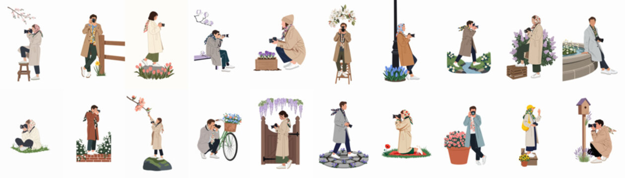Collection of twenty stylized flat illustrations of people taking photographs in various outdoor poses, suitable for architectural visualization and design projects.