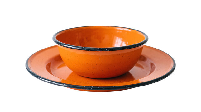 Orange Enamel Bowl and Plate Set with Speckled Rim PNG Isolated on transparent background