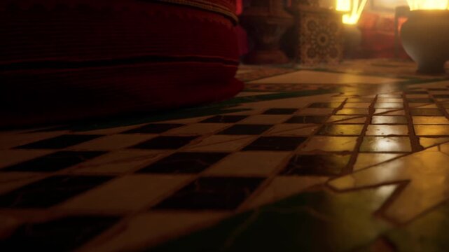 A view shows vivid tile patterns on the floor of a Moroccan room. Warm lights create an inviting atmosphere. Cushions are placed around, adding to the cozy setting as night falls.