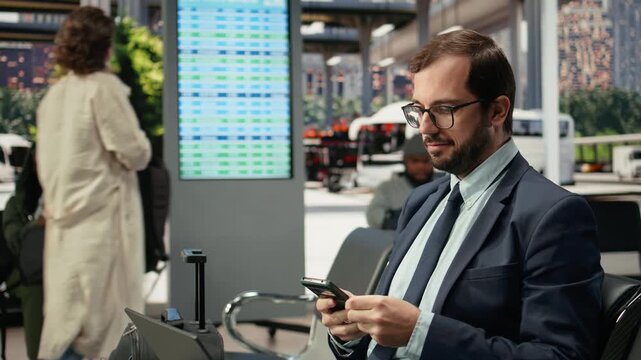 Businessman uses a mobile phone in a bus station waiting area, typing on a smartphone touchscreen to keep up with work tasks as a professional traveler before departure on a business trip.