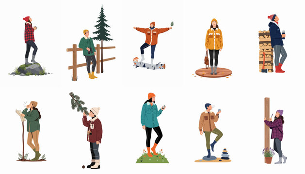 Set of flat vector illustrations featuring diverse characters in winter and outdoor clothing participating in various activities, isolated on white.